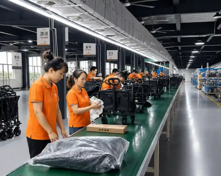 JIULI folding wagon manufacturer in China - workers on the camping wagon production line