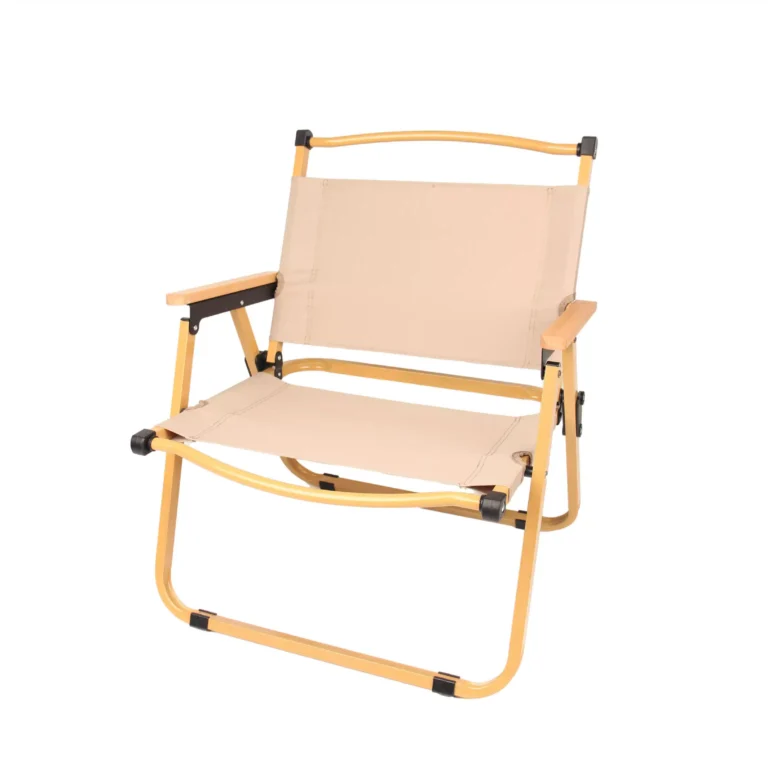 Beige portable folding camping chair with armrests